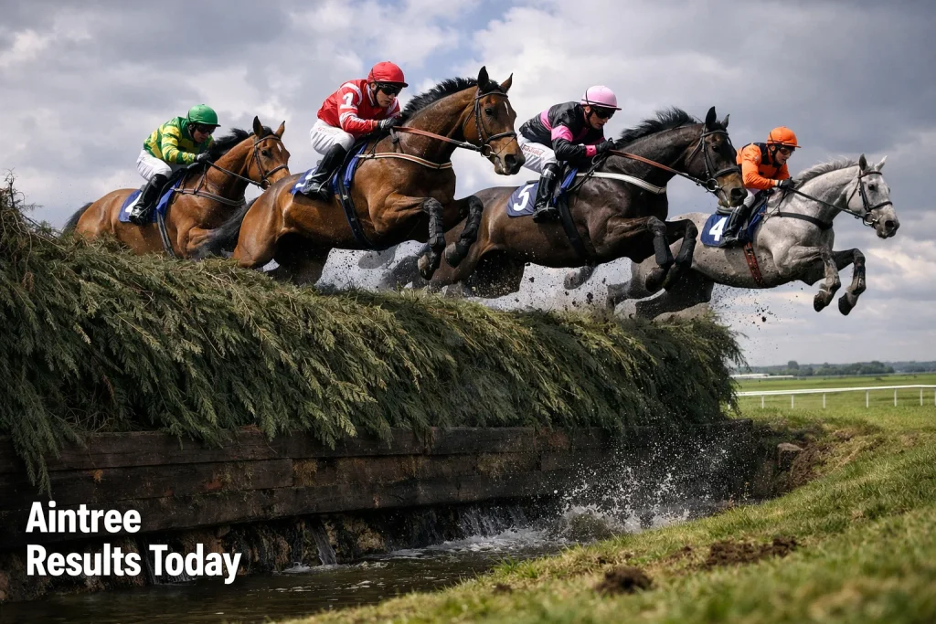 Steeplechase horses jumping Becher's Brook fence at Aintree racecourse Liverpool