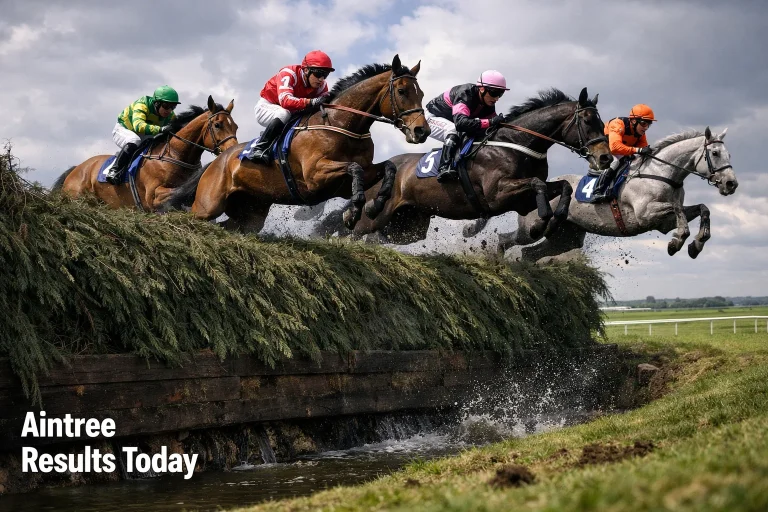Steeplechase horses jumping Becher's Brook fence at Aintree racecourse Liverpool