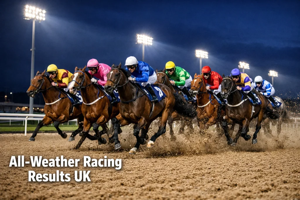Racehorses at full gallop on synthetic Polytrack surface under floodlights at Wolverhampton racecourse
