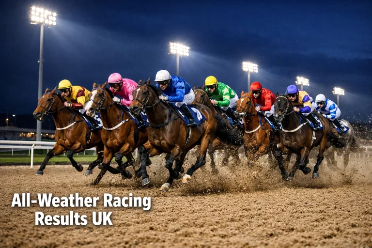 Racehorses at full gallop on synthetic Polytrack surface under floodlights at Wolverhampton racecourse