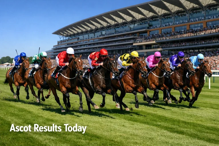 Thoroughbred racehorses galloping on the Ascot straight course with packed grandstand
