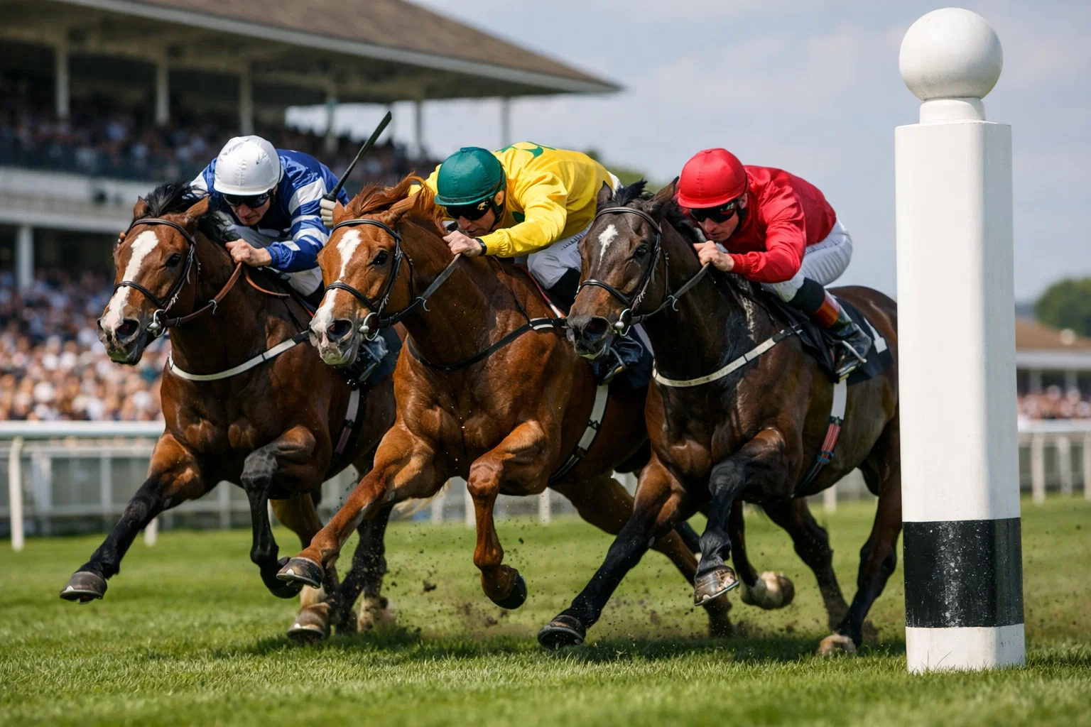 British racehorses crossing finish line at British racecourse with photo finish camera