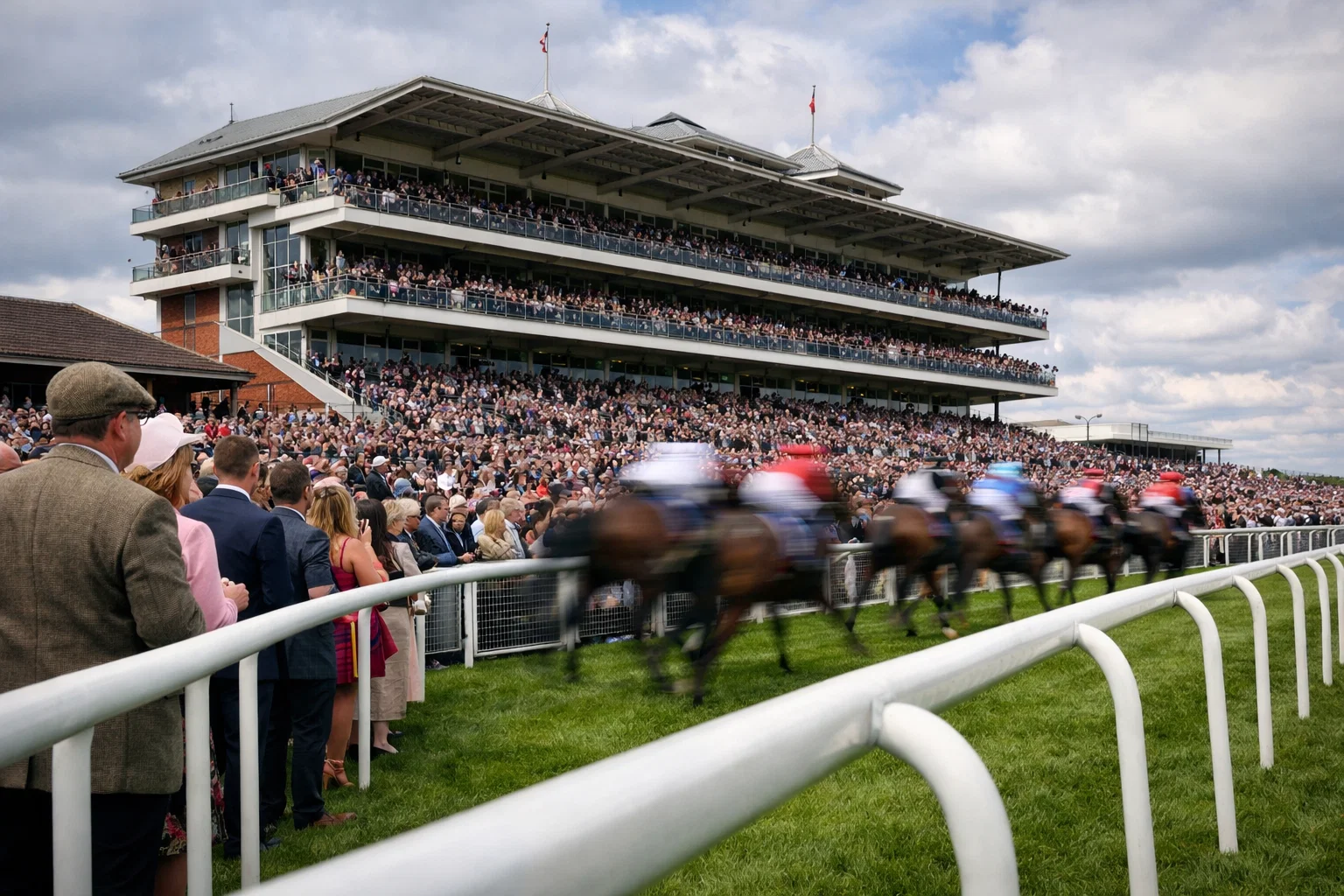 Spectators watching horse racing from grandstand at major British racecourse
