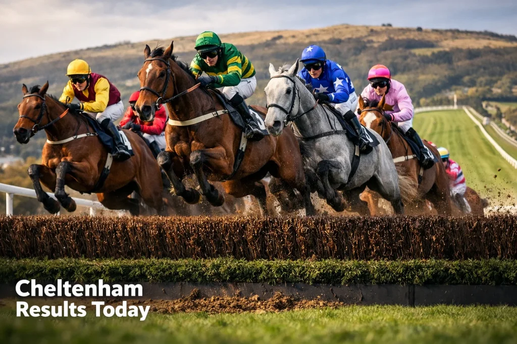 Racehorses jumping the final fence at Cheltenham racecourse uphill finish
