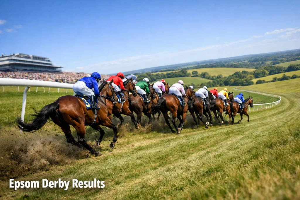 Thoroughbreds sweeping down the camber at Tattenham Corner during the Epsom Derby on the Surrey Downs