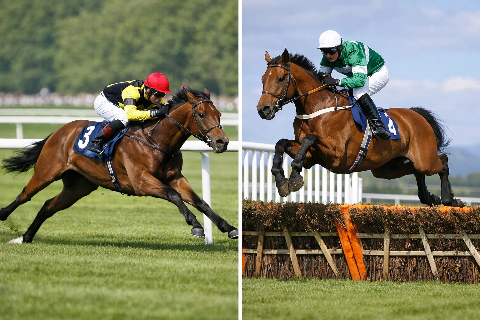 Split image showing British flat racing on turf and National Hunt jump racing