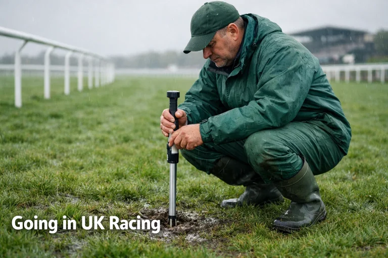 Racecourse groundsman testing soft going with a penetrometer on rain-soaked British turf