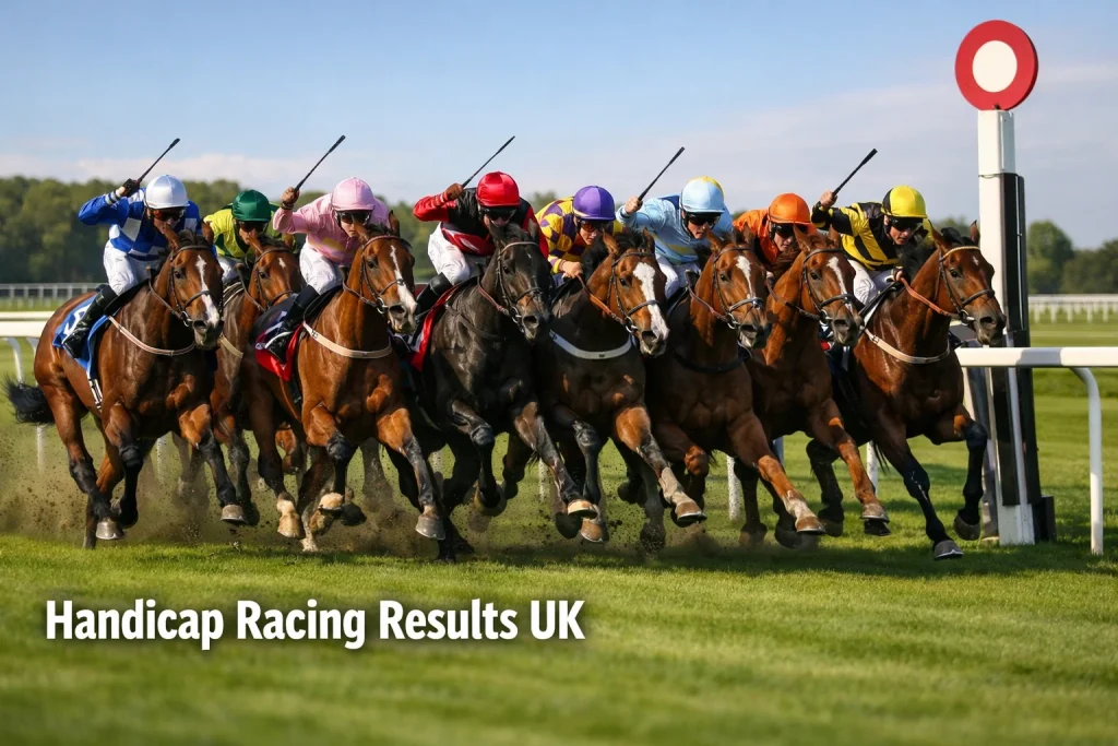 Tight bunch of racehorses finishing a competitive handicap flat race at a British turf course