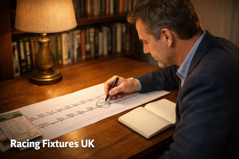 Punter marking upcoming British race meetings on a timeline planning sheet with a pen
