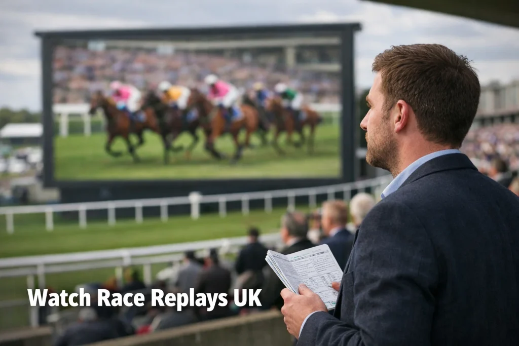 Racegoer intently watching a race replay on a large screen at a British racecourse