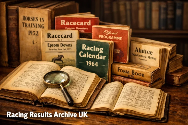 Stacked vintage British horse racing programmes and form books in a library archive