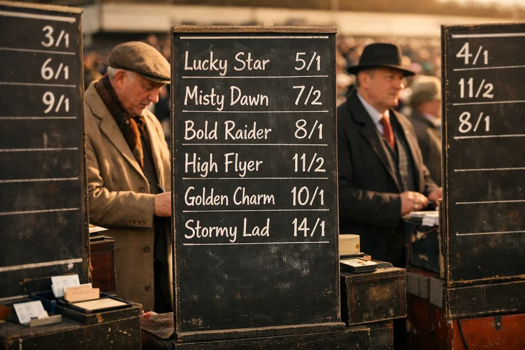 Bookmaker boards showing odds at British racecourse