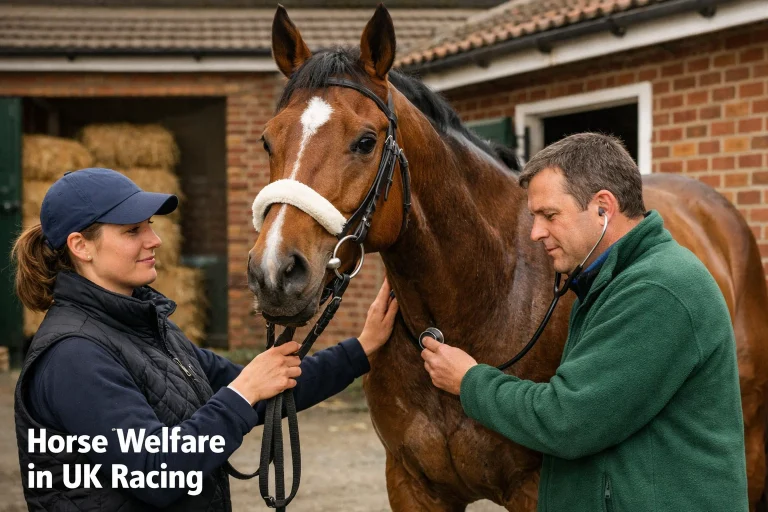 Racecourse veterinarian conducting a calm post-race health check on a thoroughbred in the stable yard