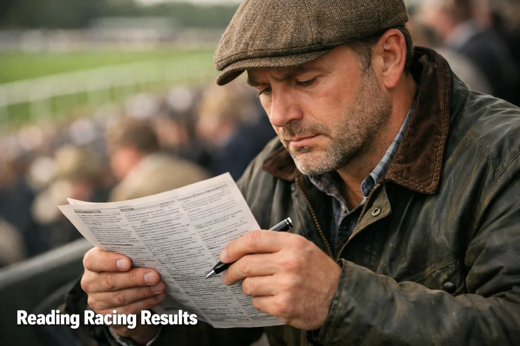 Punter studying a printed UK horse racing results card at the racecourse
