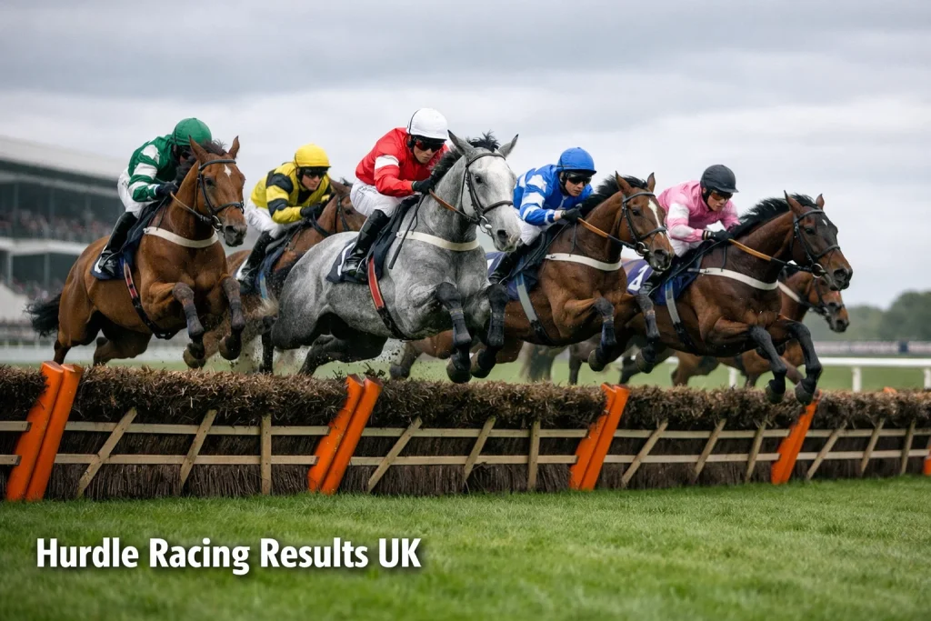 Racehorses jumping a flight of hurdles at full speed at a British National Hunt course
