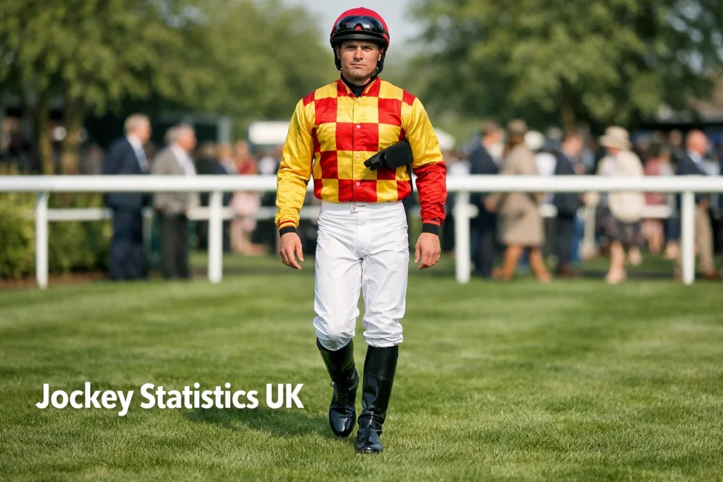 Champion jockey in full racing silks and helmet walking to the paddock at a British racecourse