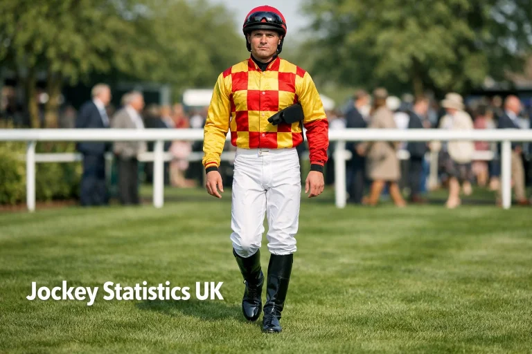 Champion jockey in full racing silks and helmet walking to the paddock at a British racecourse