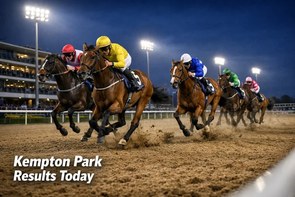 Racehorses galloping on Kempton Park Polytrack surface under floodlights at night