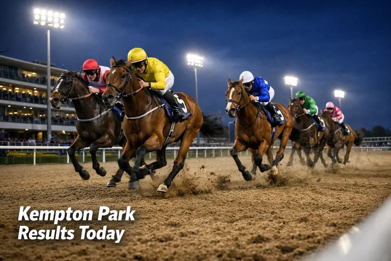 Racehorses galloping on Kempton Park Polytrack surface under floodlights at night