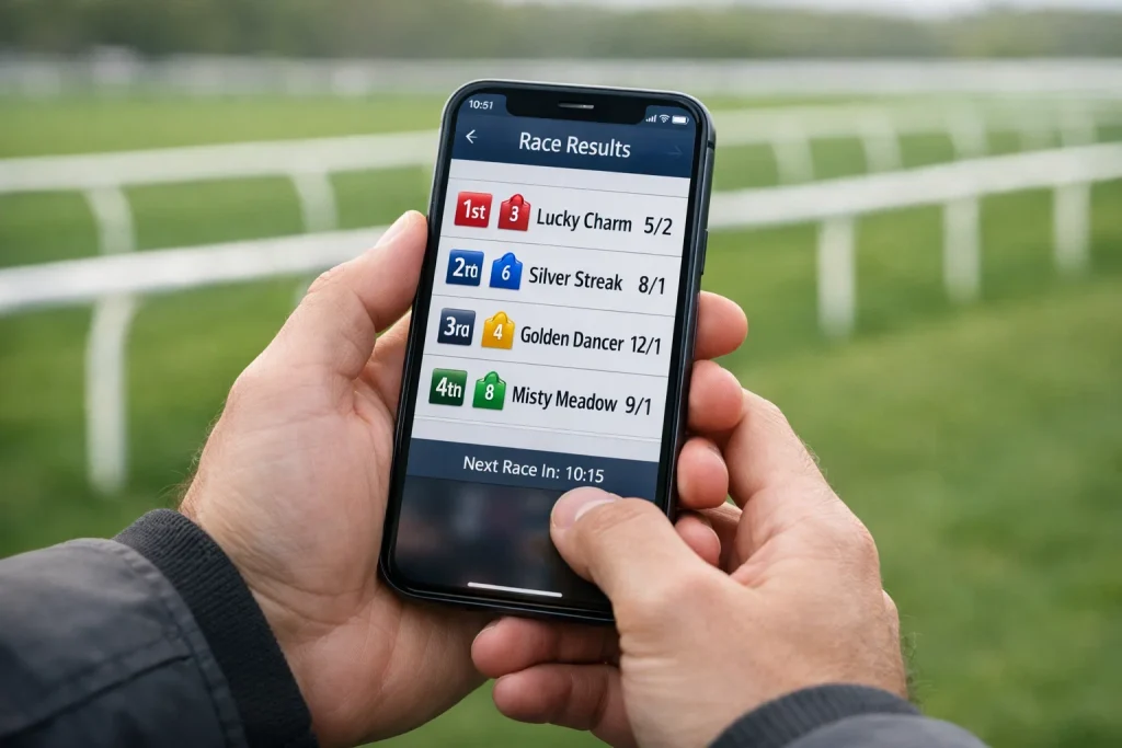 Mobile phone displaying live racing results at racecourse