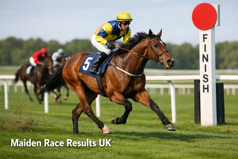 Thoroughbred racehorse winning a maiden race clear of the field at a British turf course