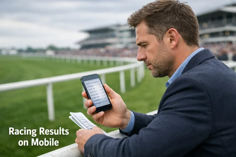 Punter checking horse racing results on a smartphone at a British racecourse trackside