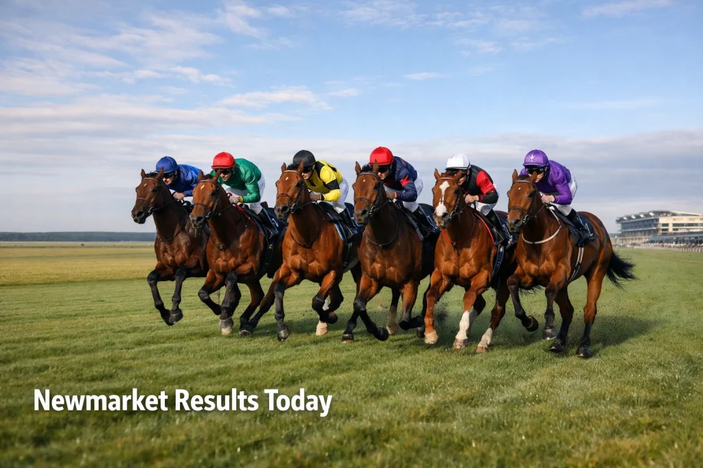 Flat racehorses at full gallop on the Rowley Mile course at Newmarket