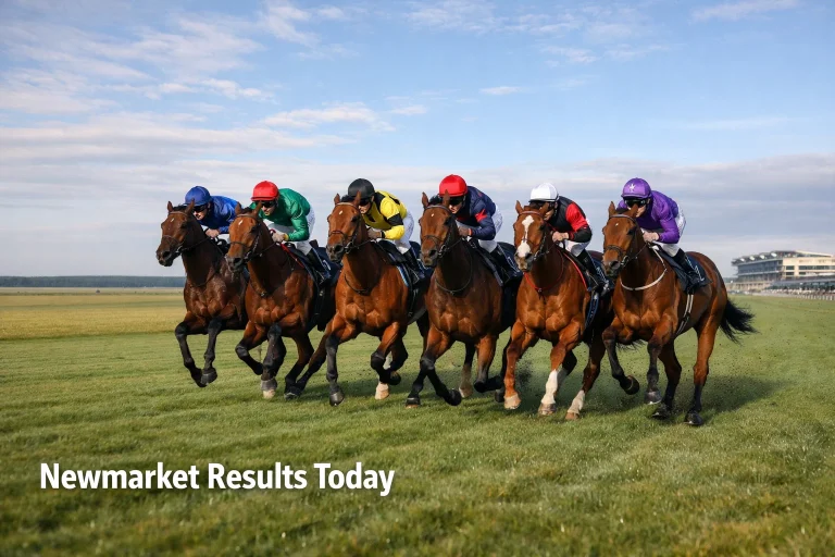 Flat racehorses at full gallop on the Rowley Mile course at Newmarket