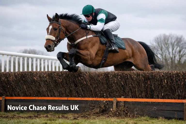 First-season chaser clearing a regulation steeplechase fence cleanly at a British jump course