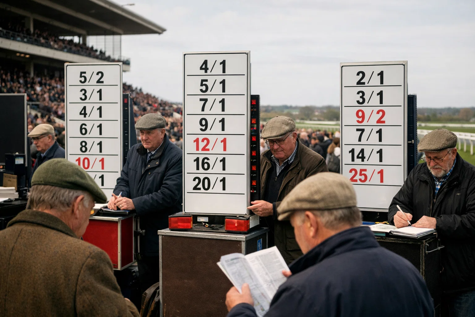 On-course bookmakers displaying odds at British racecourse betting ring