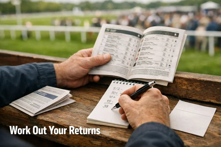 Punter writing bet calculations on a notepad beside a printed racecard at the racecourse