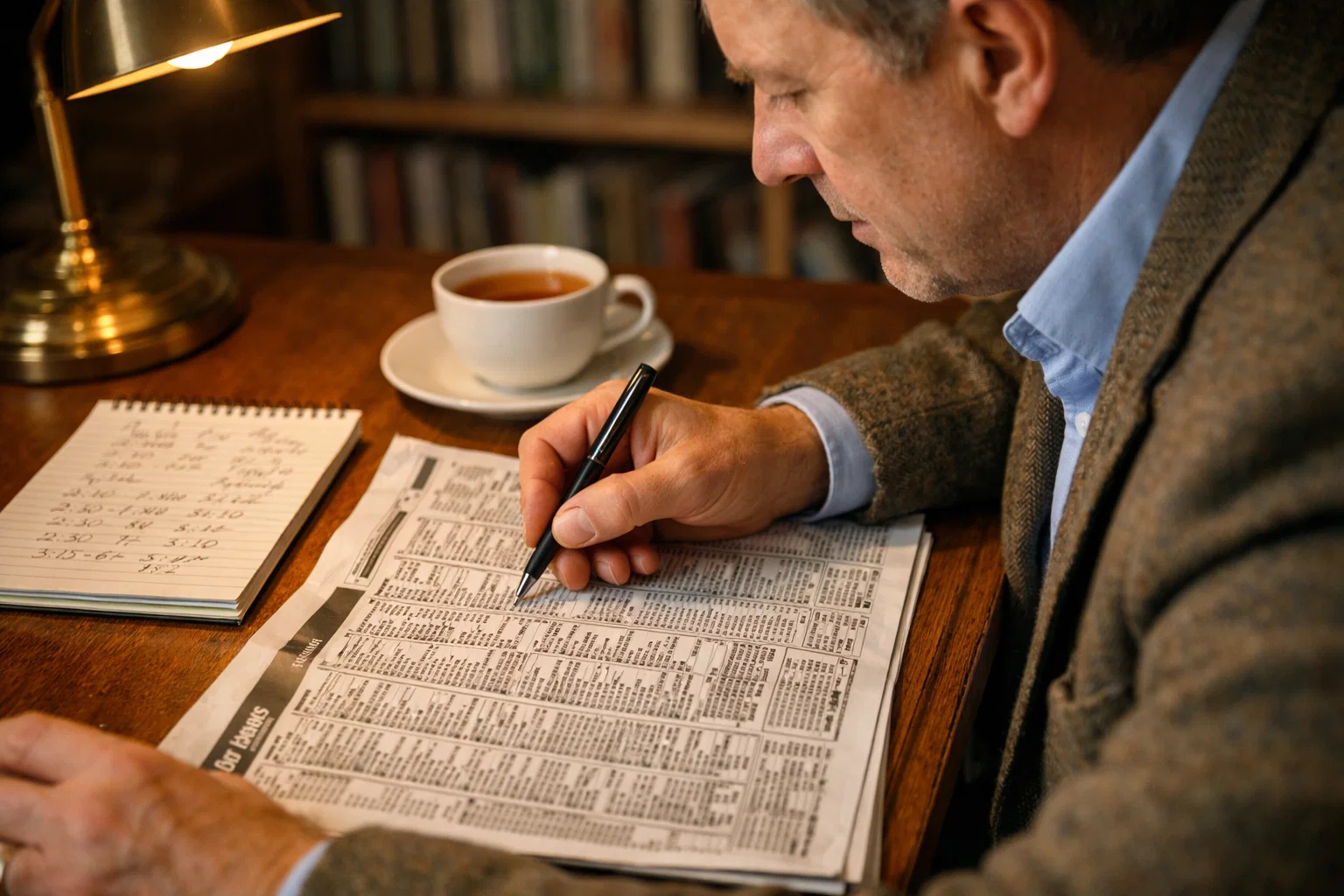 Professional punter studying horse racing form guide with pen and notes