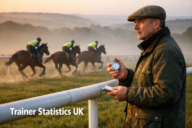 British horse racing trainer watching morning gallops from the trackside with a stopwatch
