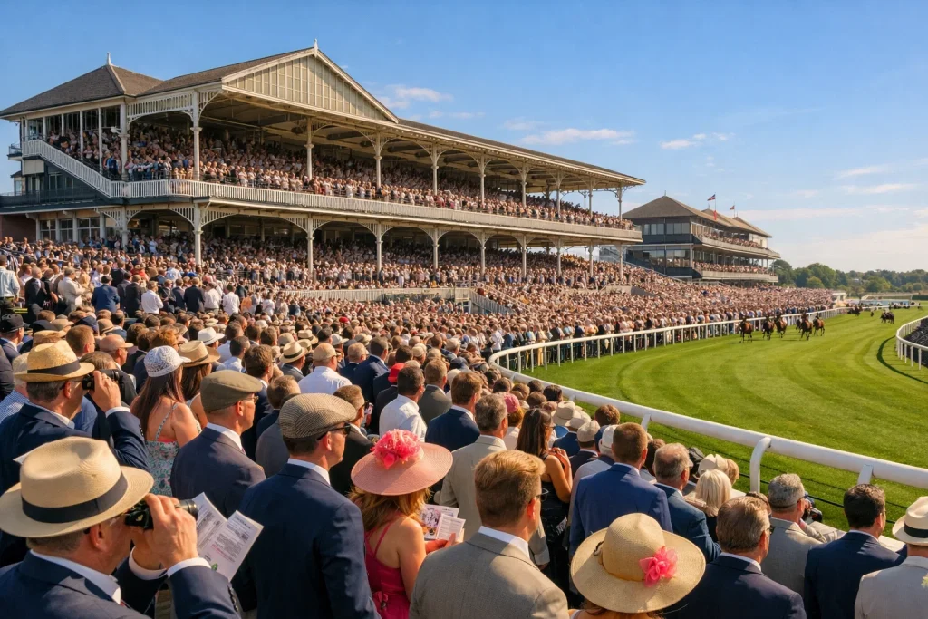 Packed grandstands at British racecourse on Saturday afternoon