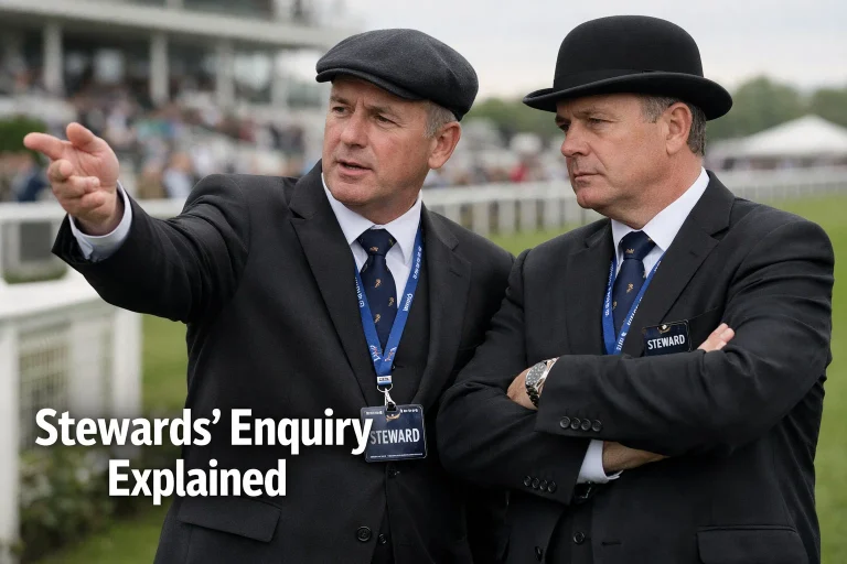 Racing stewards in official jackets conferring on the track after a British race