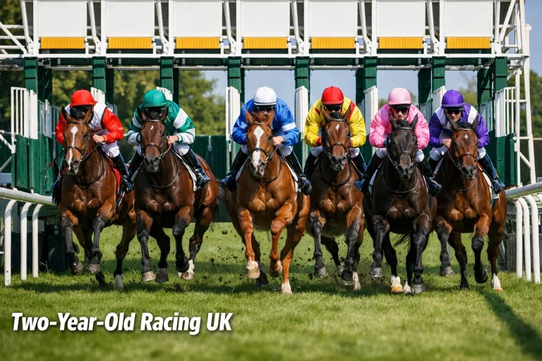 Young two-year-old thoroughbred racehorses breaking from the stalls in a juvenile flat race at Newmarket