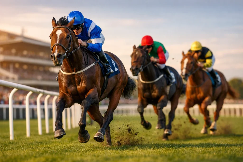 UK flat racing on turf course with horses approaching finish line