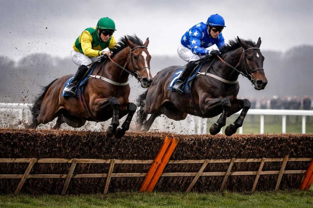 Jump racing over fences at British racecourse during National Hunt season