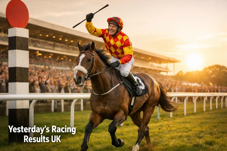Jockey celebrating a winning ride on horseback at a British racecourse in afternoon light