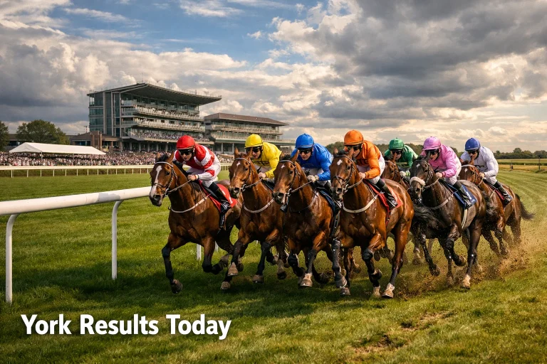 Thoroughbreds racing on the sweeping Knavesmire track at York racecourse